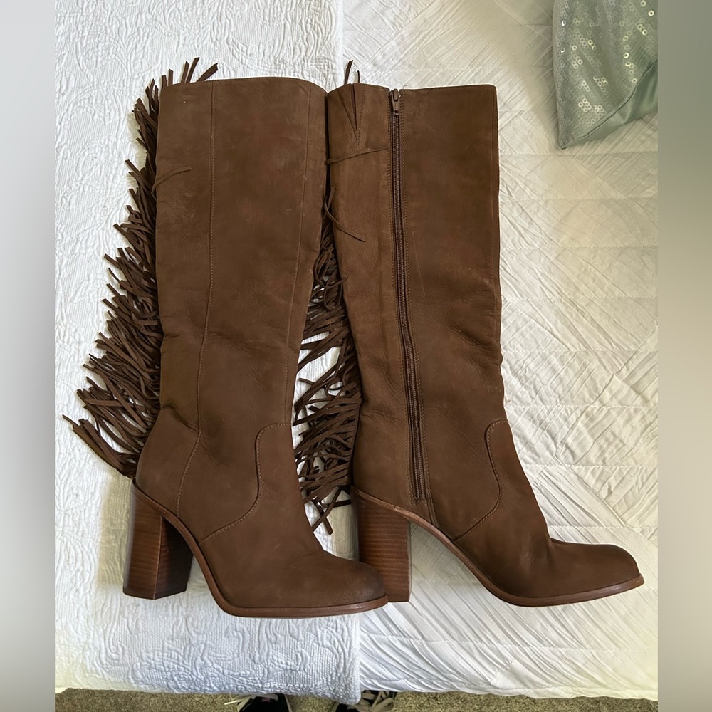 Brown Suede Heeled Boots with Fringe Detail